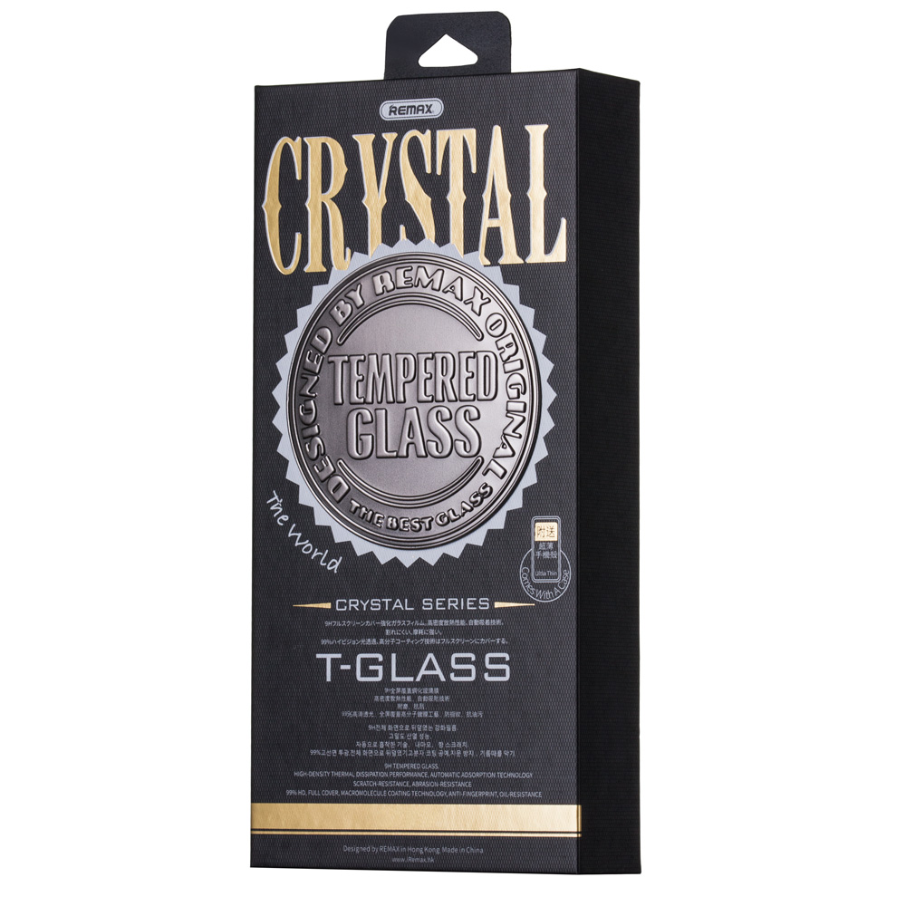 iPhone X/XS Capa Crystal Silicone 100% Clear + Vidro Temperado 3D Embalagem preta com texto dourado e prata para vidro temperado T-Glass da Remax