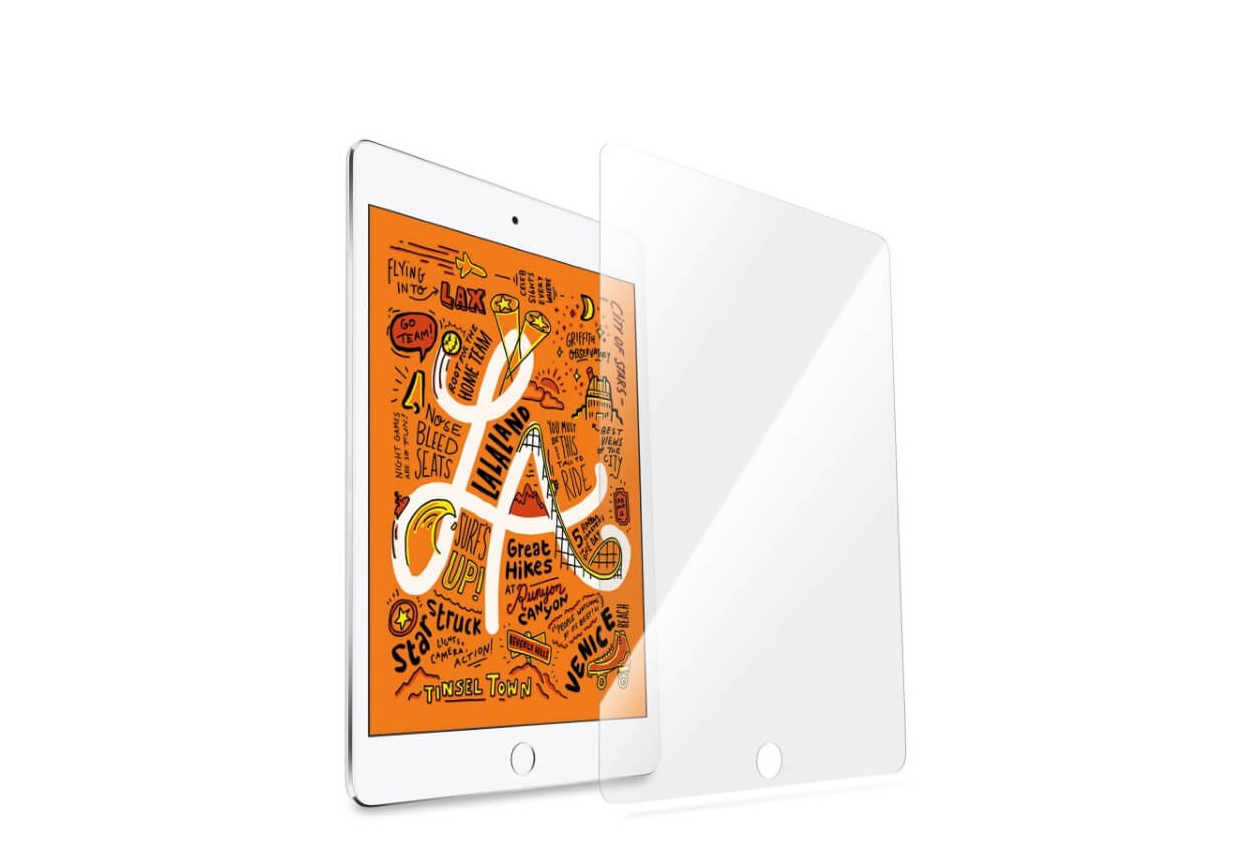 Película de Protecção de Ecrã em Vidro Temperado Wozinsky para iPad mini 5/4 Tablet branco com ecrã laranja e protetor de ecrã transparente ao lado