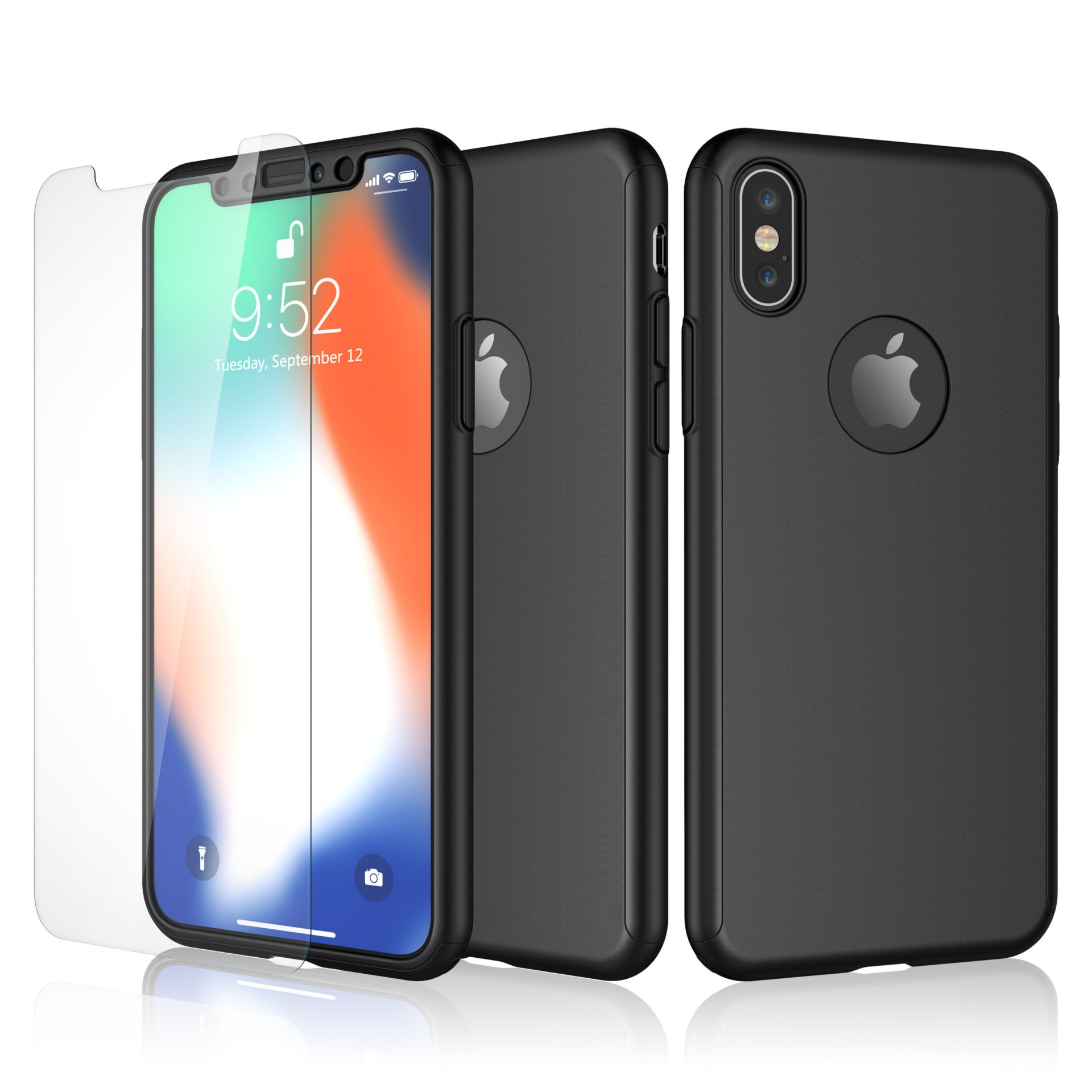 iPhone X/XS Capa Slim 360º + Vidro Temperado Capa preta para smartphone Apple com protetor de ecrã transparente