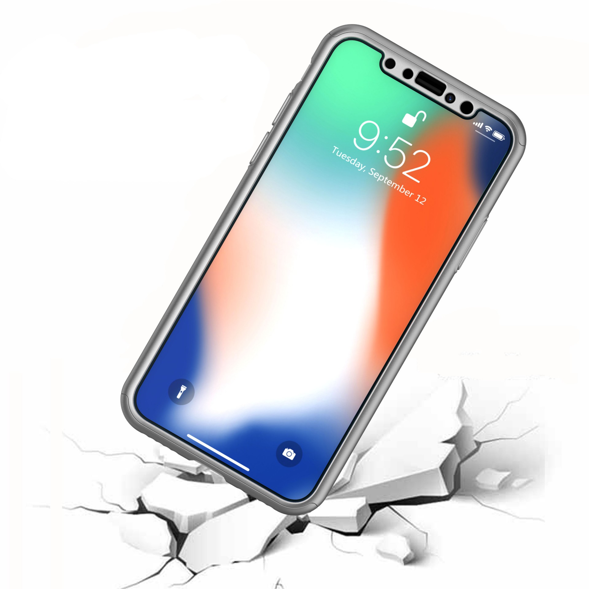 iPhone X/XS Capa Slim 360º + Vidro Temperado Smartphone em capa transparente sobre superfície branca com efeito de rachaduras