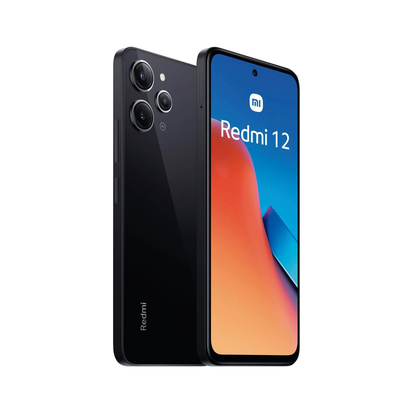 Xiaomi Redmi 12 4GB/128GB - Midnight Black Smartphone Redmi 12 preto com três câmaras traseiras e ecrã com texto Redmi 12