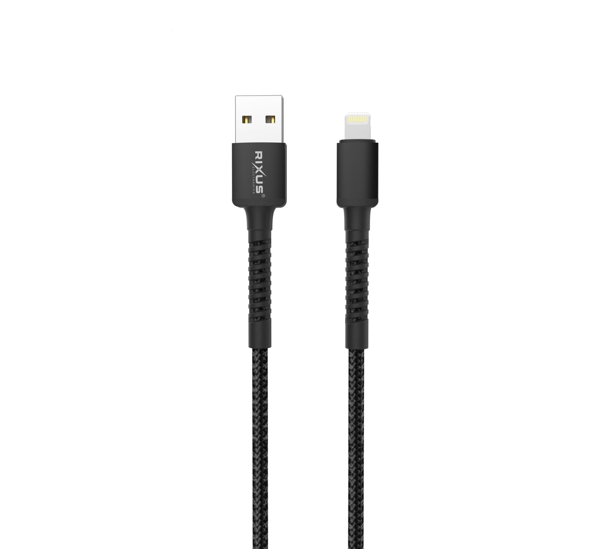 Cabo Nylon Trançado Rixus USB para Lightning (1,2m) Cabo USB preto com conector USB A e Lightning com revestimento nylon trançado