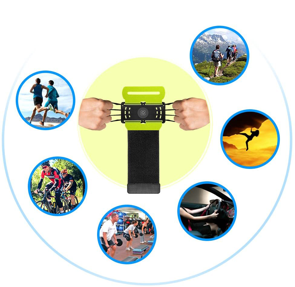 Sports Armband Universal / Bolsa Desportiva Forearm Suporte inteligente para smartphone com várias imagens de atividades ao redor.