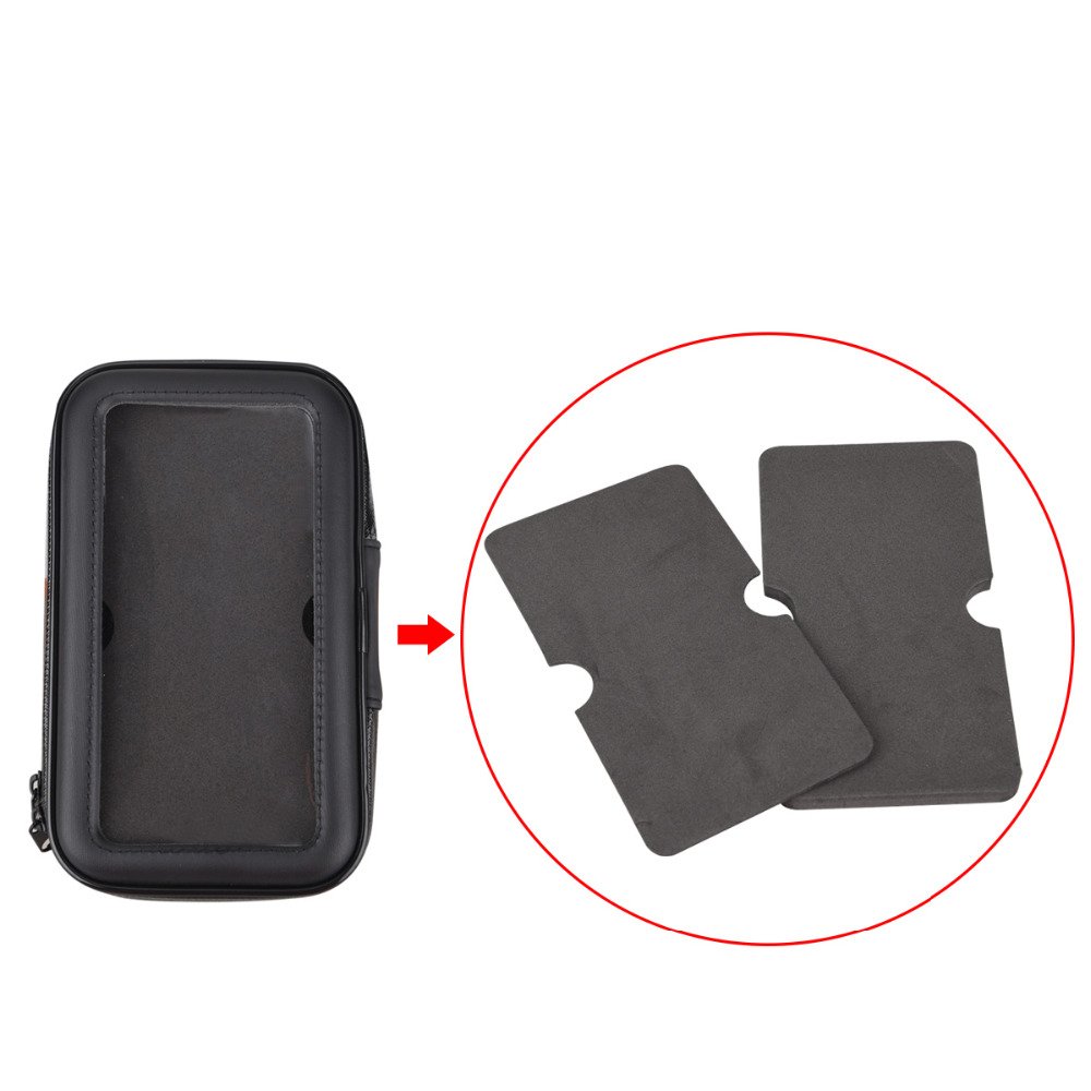 Suporte Universal de Smartphone para Bicicleta / Mota Estojo preto retangular com zíper e dois tapetes pretos retangulares dentro de círculo vermelho