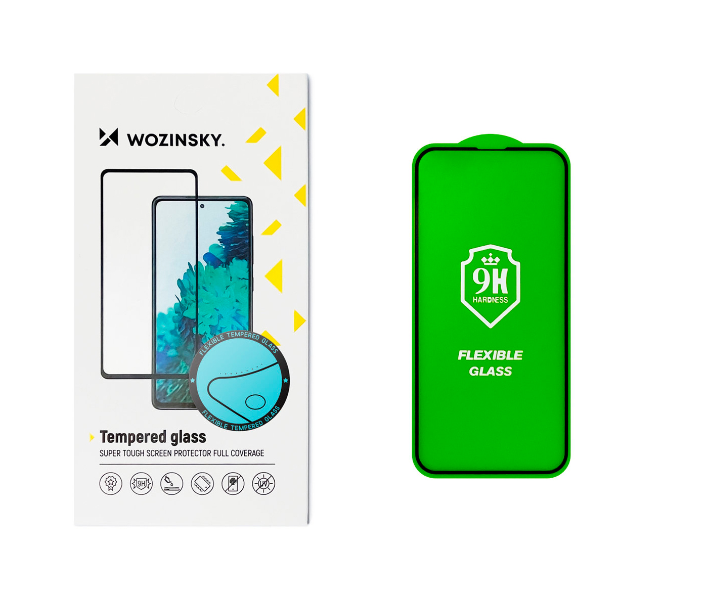 Película de Protecção Nano-Flexi Ultra-Fina em Vidro Temperado Híbrido 5D para iPhone 13 mini embalagem branco e vidro protetor dourado e verde para telemóvel