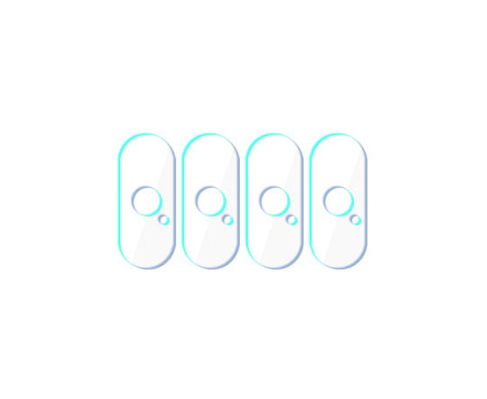 (Pack 4) Películas de Protecção de Câmara Traseira 3mk FlexibleGlass para iPhone X/XS/XS Max Quatro adesivos transparentes ovais com dois círculos azuis sobre fundo branco