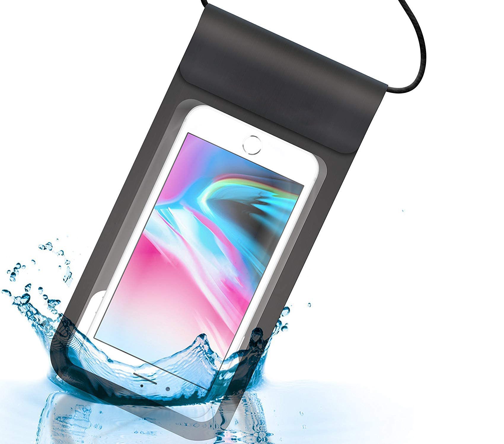 Capa/Bolsa Universal 6.6'' Impermeável Bolsa impermeável preta com telemóvel branco dentro à beira de água.