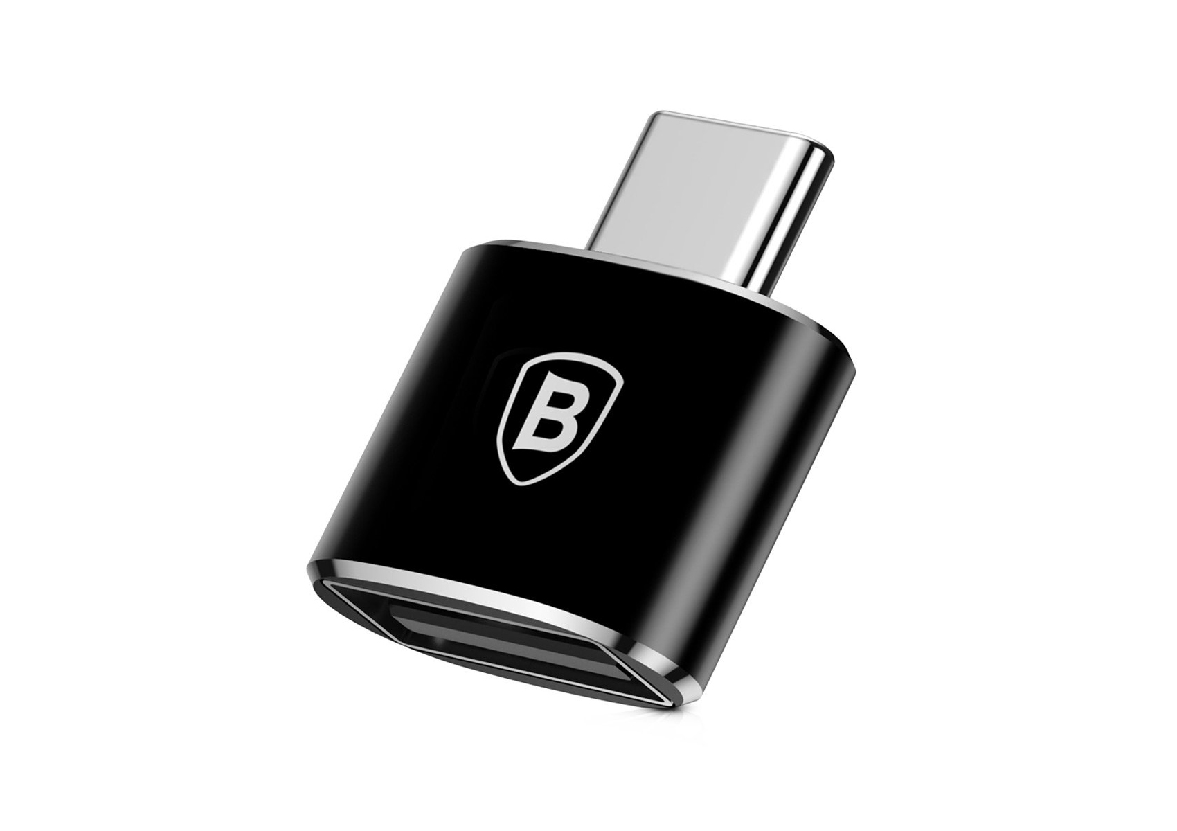 Adaptador USB para USB-C (OTG) Adaptador USB-C preto com símbolo branco num fundo branco