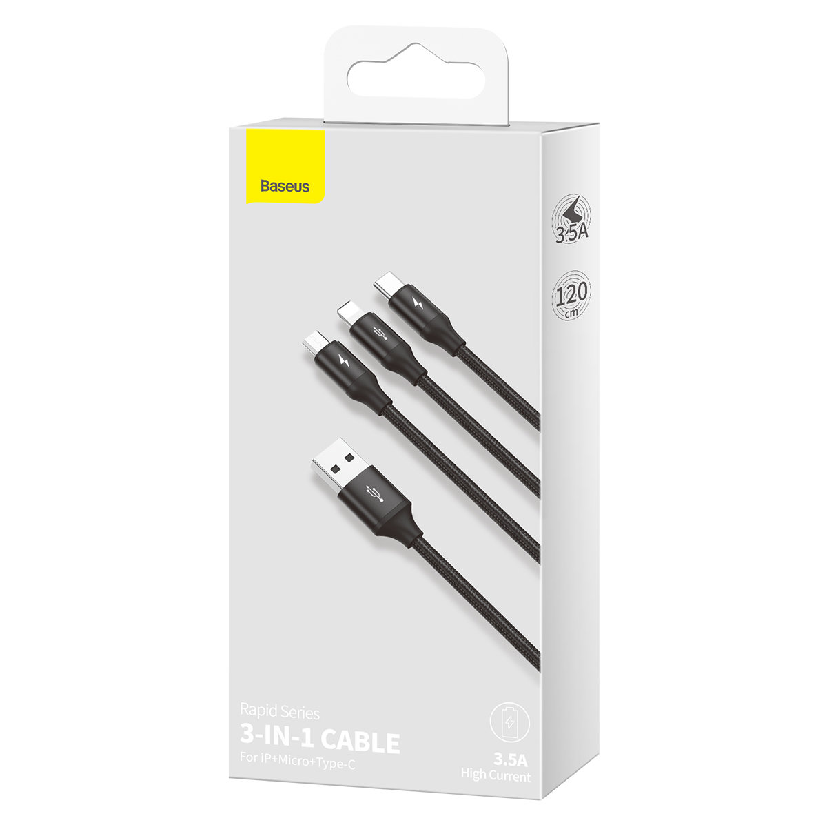 Caixa branca com cabo 3-em-1 Baseus preto e detalhes amarelos
