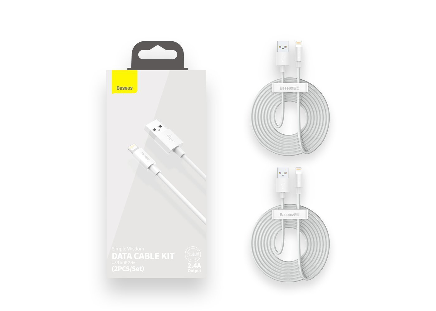 (Pack 2) Cabo Baseus 2.4A Lightning para USB (1,5 m) Kit de cabos de dados Baseus brancos em embalagem com dois cabos enrolados