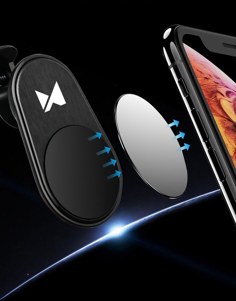 Suporte Magnético 360º Mini Bracket Wozinsky para automóvel Suporte magnético preto para telemóvel, disco metálico prateado e smartphone moderno com ecrã iluminado.
