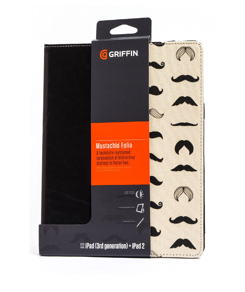 Capa Griffin Mustachio Folio para iPad Capa para iPad preta e bege com padrão de bigodes, embalagem Griffin Mustachio Folio