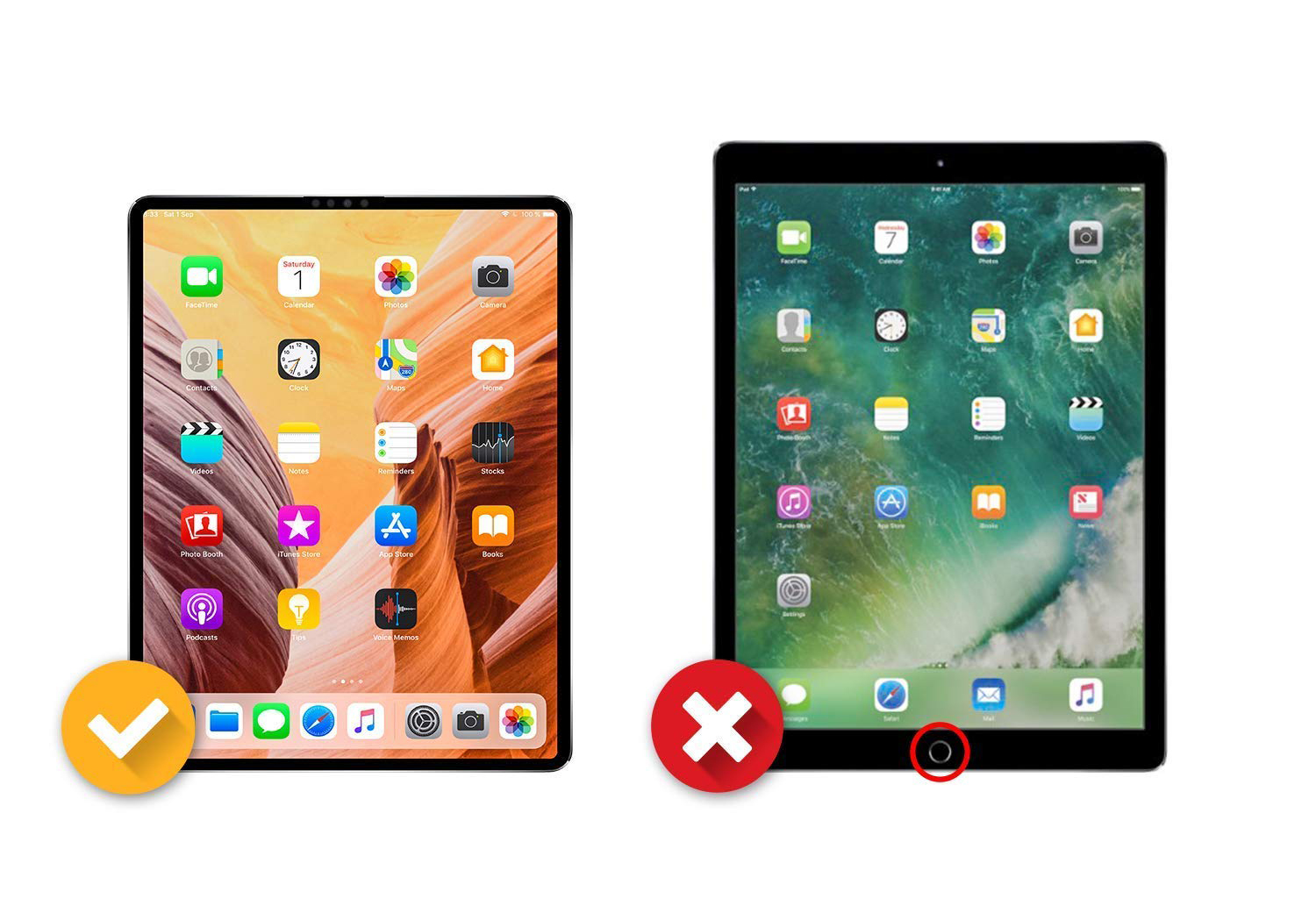 Película de Protecção 3mk em Vidro Temperado FlexibleGlass para iPad Pro 12.9'' Dois tablets pretos comparados em fundo branco, um com ecrã arredondado e outro com botão redondo inferior e sinais de correto e incorreto.