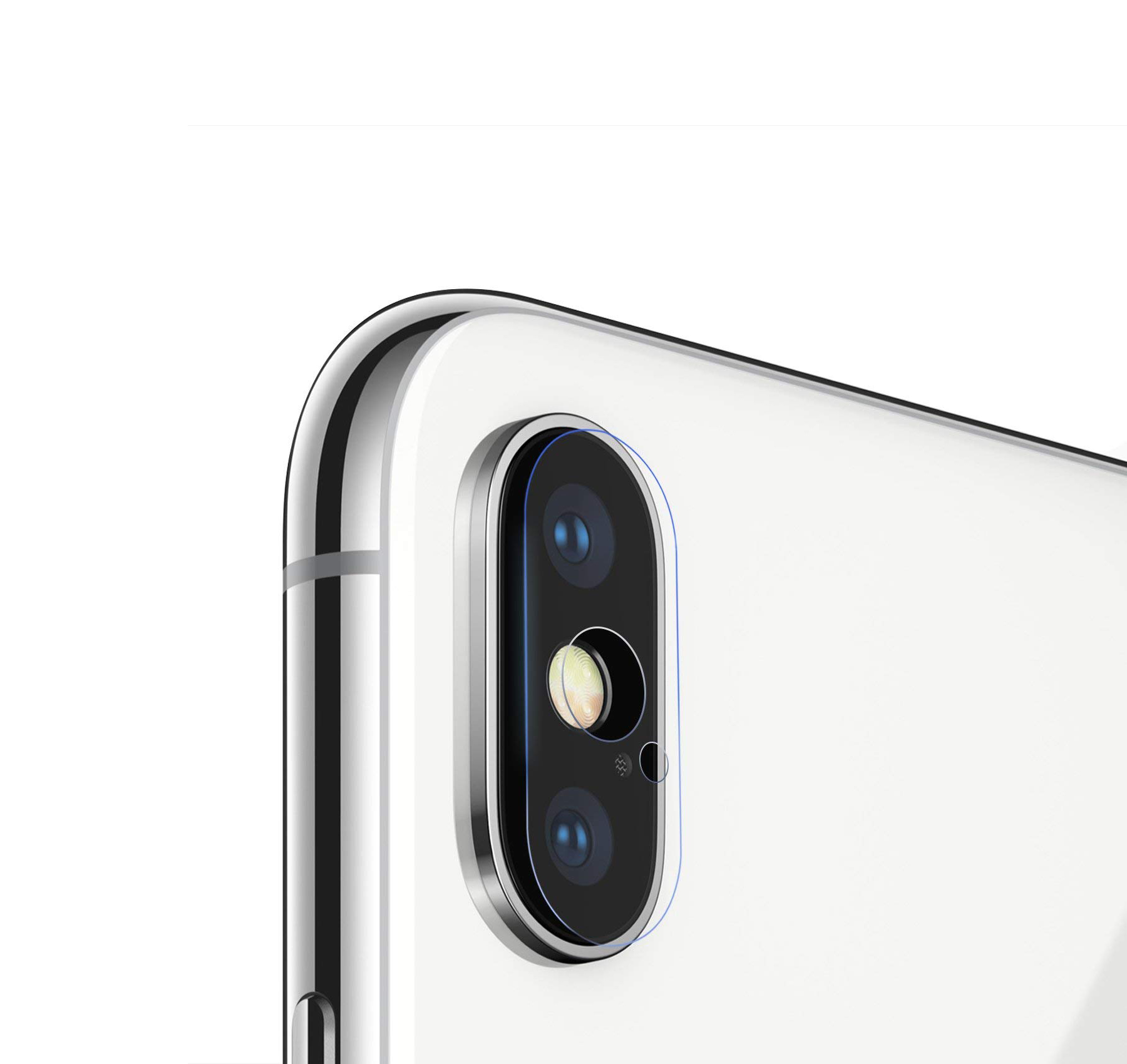 (Pack 4) Películas de Protecção de Câmara Traseira 3mk FlexibleGlass para iPhone X/XS/XS Max Detalhe da câmara traseira branca de smartphone com moldura metálica