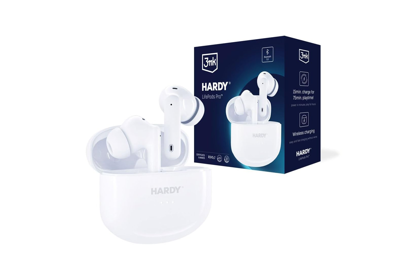 Auriculares 3mk Hardy LifePods Pro™ ANC - Branco Auriculares sem fios Hardy LifePods Pro com estojo branco e caixa azul