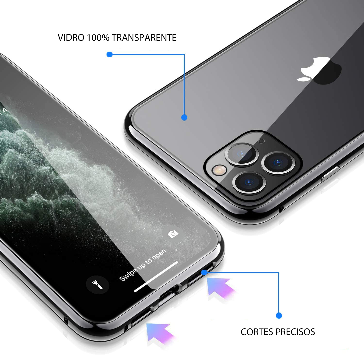 Capa Magnética 360º Wozinsky Premium para iPhone 11 Pro Max Smartphone com capa de vidro transparente e texto indicativo de características