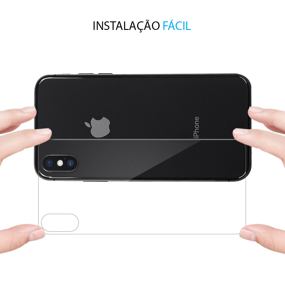 Películas de Protecção Traseira em Vidro Temperado iPhone X/XS iPhone preto com película protetora transparente sendo instalada