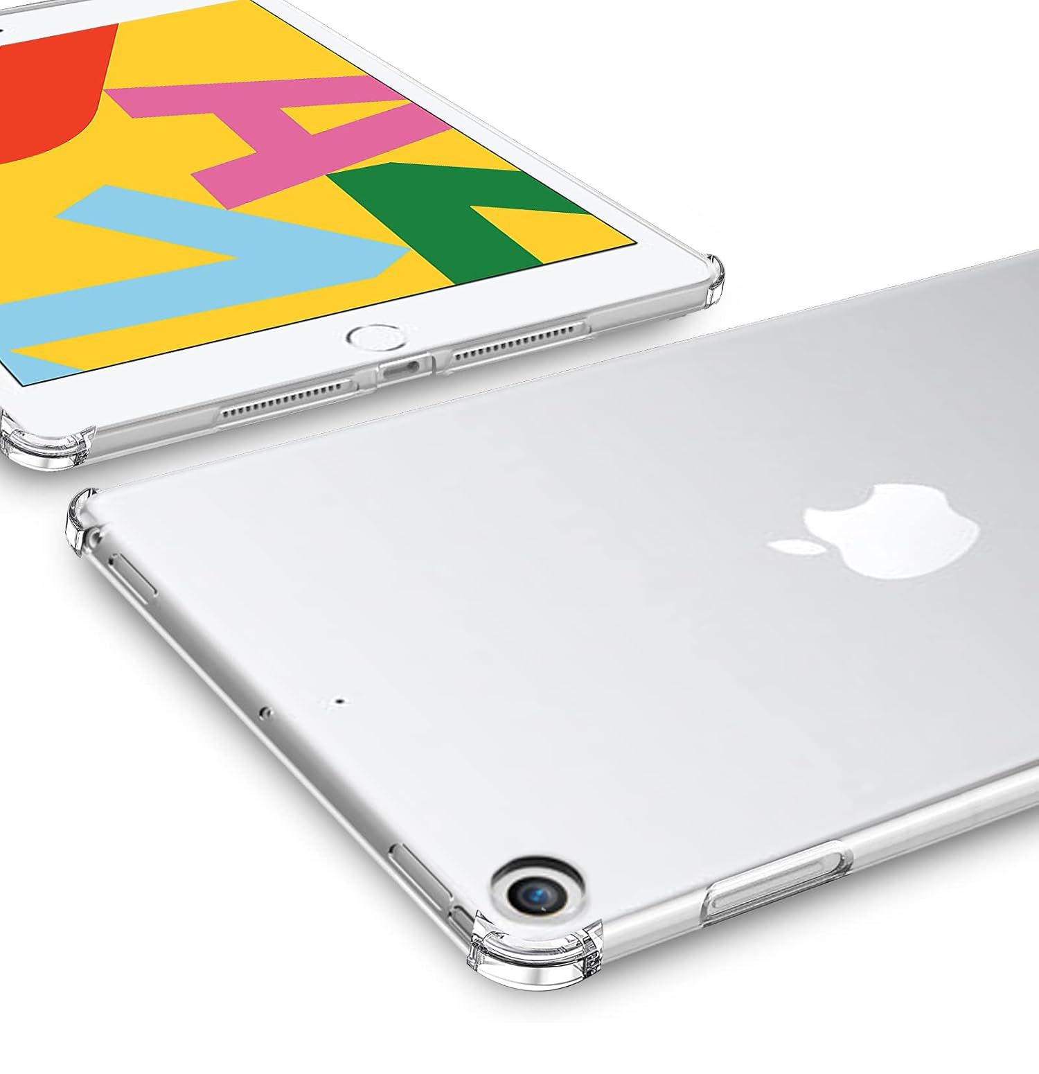 Capa Silicone Anti-Shock 100% Transparente para iPad 10.2" Tablet Apple iPad prata com capa transparente num fundo branco.