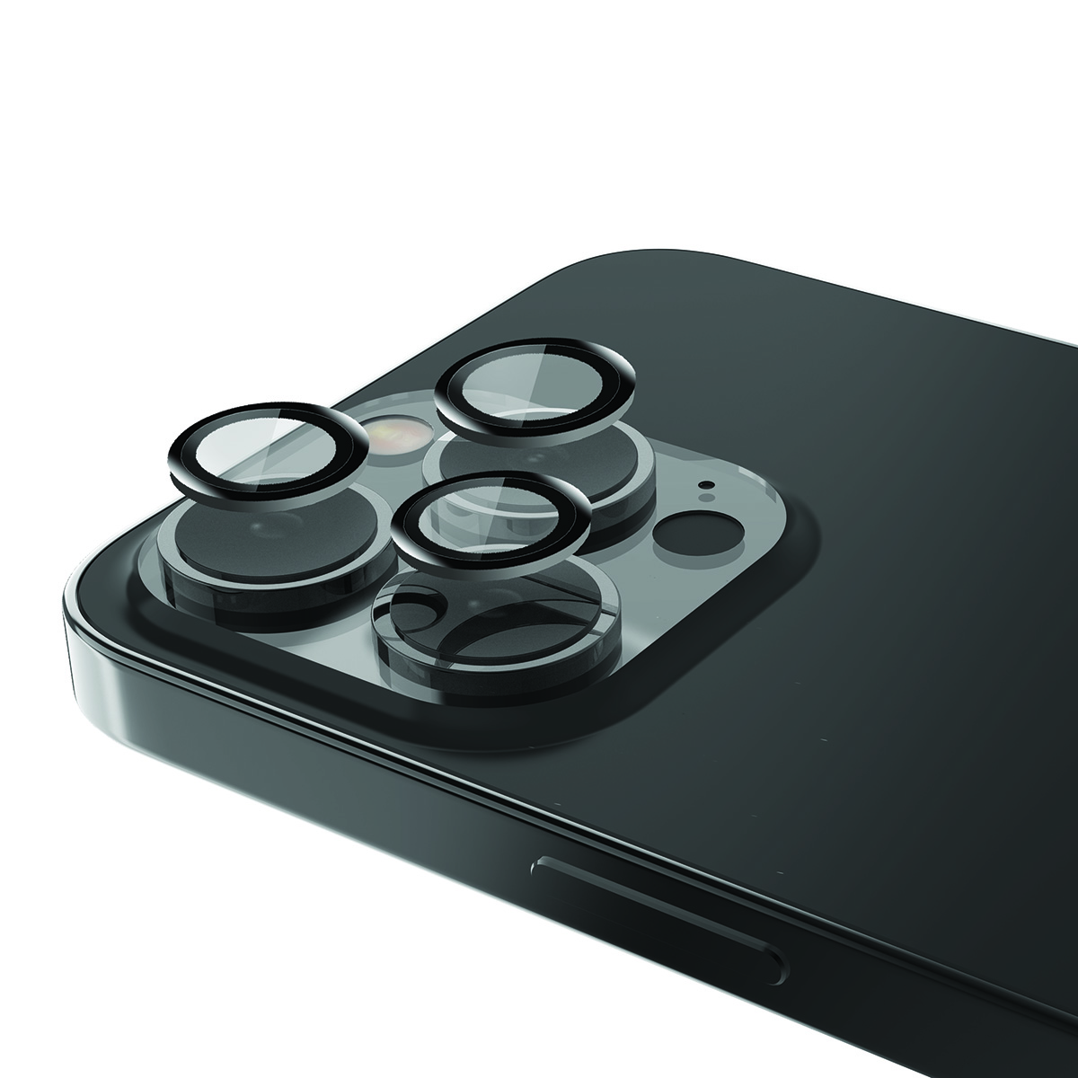 (Pack 2) Películas de Protecção de Câmara Traseira Raptic X-Doria Armor para iPhone 14 Pro/14 Pro Max Smartphone preto com lentes de câmara em destaque