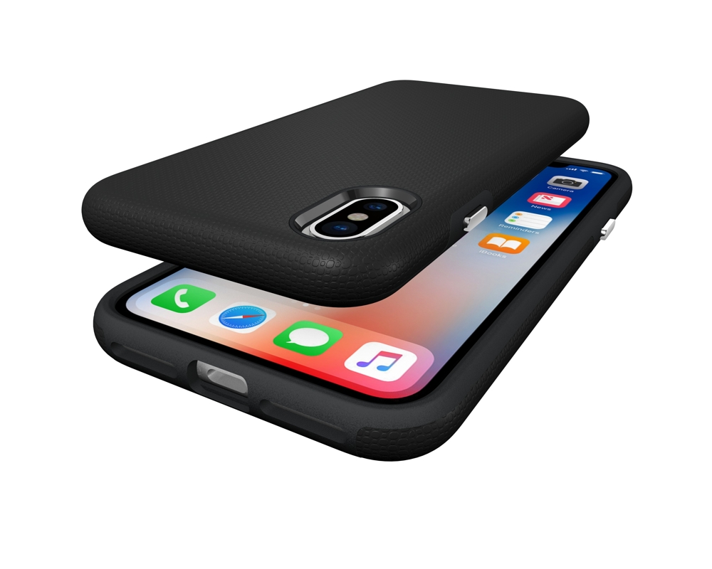 iPhone X/XS Capa Anti-Shock Armor Rugged Capa preta antiderrapante para smartphone com telefone dentro exibindo aplicações.