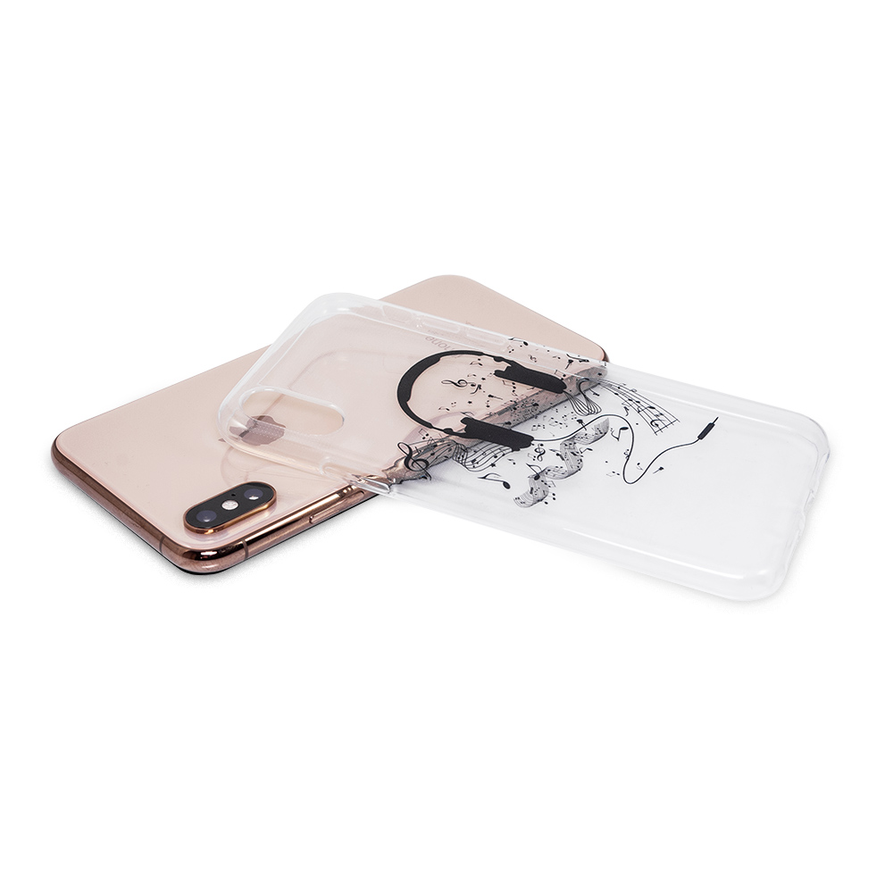 iPhone X/XS Capa Music Silicone Transparente Capa transparente com desenho artístico sobre um telemóvel dourado claro