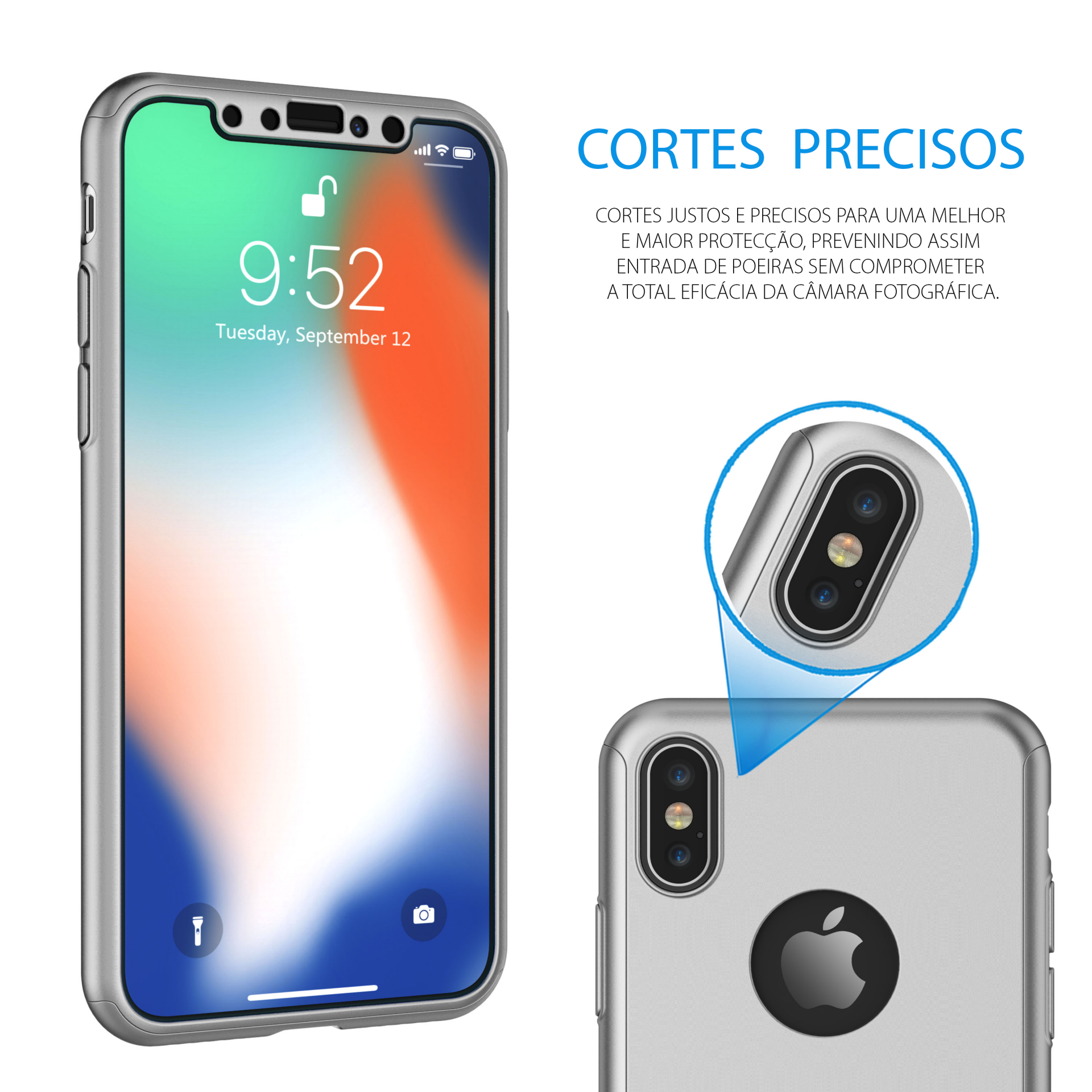 iPhone X/XS Capa Slim 360º + Vidro Temperado Telemóvel iPhone com capa protetora cinzenta transparente e texto explicativo em português sobre cortes precisos