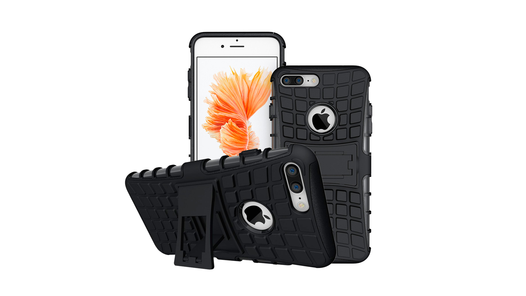 iPhone 7/8 Plus Capa Híbrida Stand Anti-Shock Capas protetoras pretas para telemóveis com padrão quadrado e suporte integrado