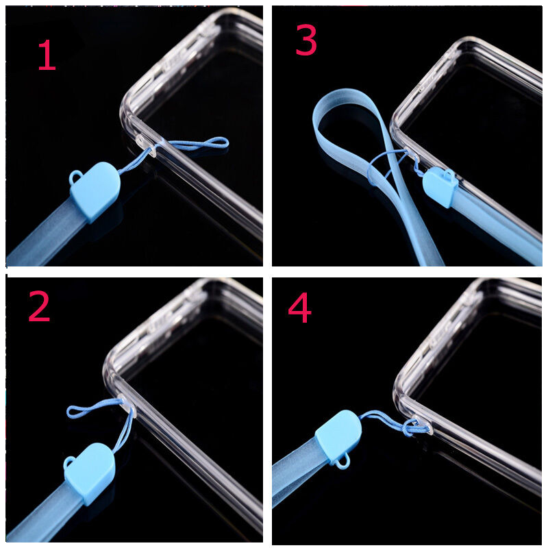 Fita Universal para pescoço em silicone Pulseira azul clara com cabo elástico ligado a capa transparente para telemóvel em fundo preto.