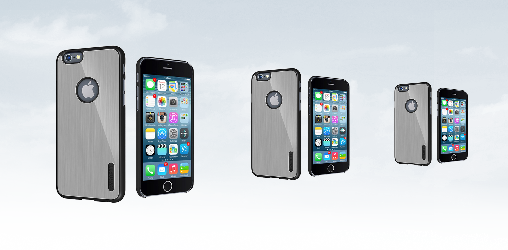 iPhone 6/6S Capa Alumínio Cygnett Urban Shield Silver Quatro iPhones com capas cinzentas metálicas e detalhes pretos lado a lado