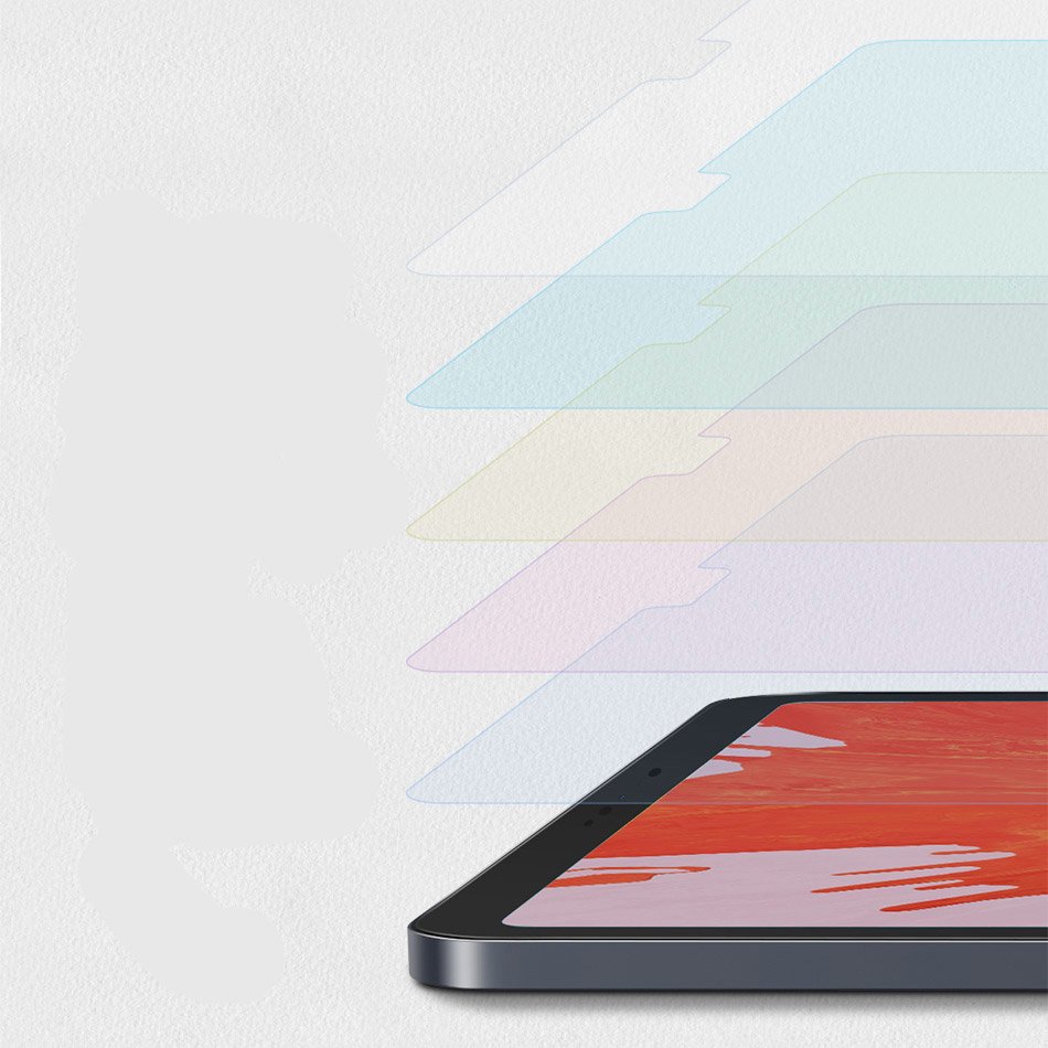 Película de Protecção de Ecrã 0.15mm Baseus Paper-like mate para iPad 10.2'' Tablet cinza escuro com várias capas protetoras transparentes de cores diferentes acima