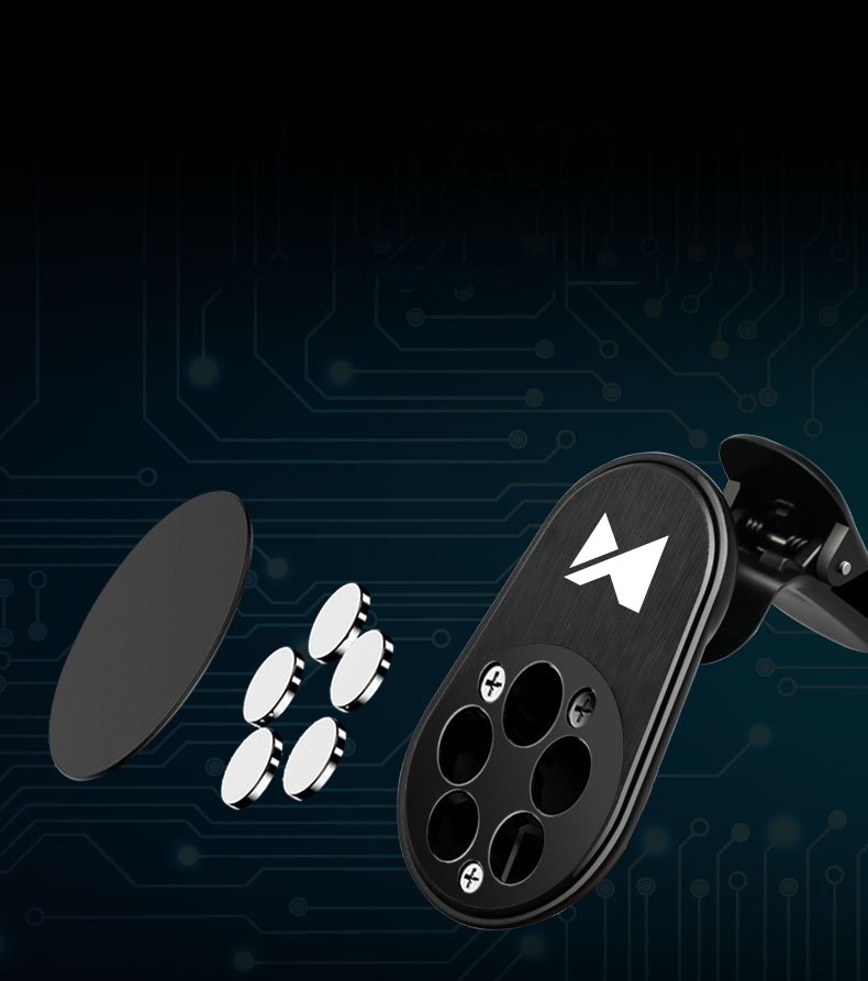 Suporte Magnético 360º Mini Bracket Wozinsky para automóvel Suporte para telemóvel magnético preto com ímanes e fundo azul com padrão de circuito