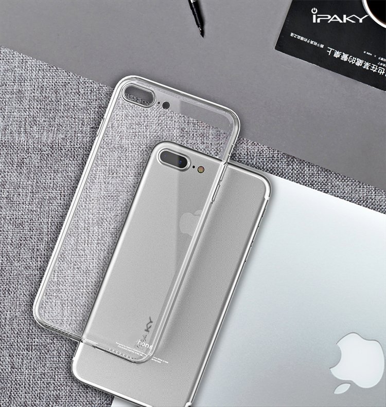 iPhone 7/8 Plus Capa Silicone iPaky Effort + Vidro Temperado Capa transparente para iPhone com smartphone e portátil Apple em fundo cinza
