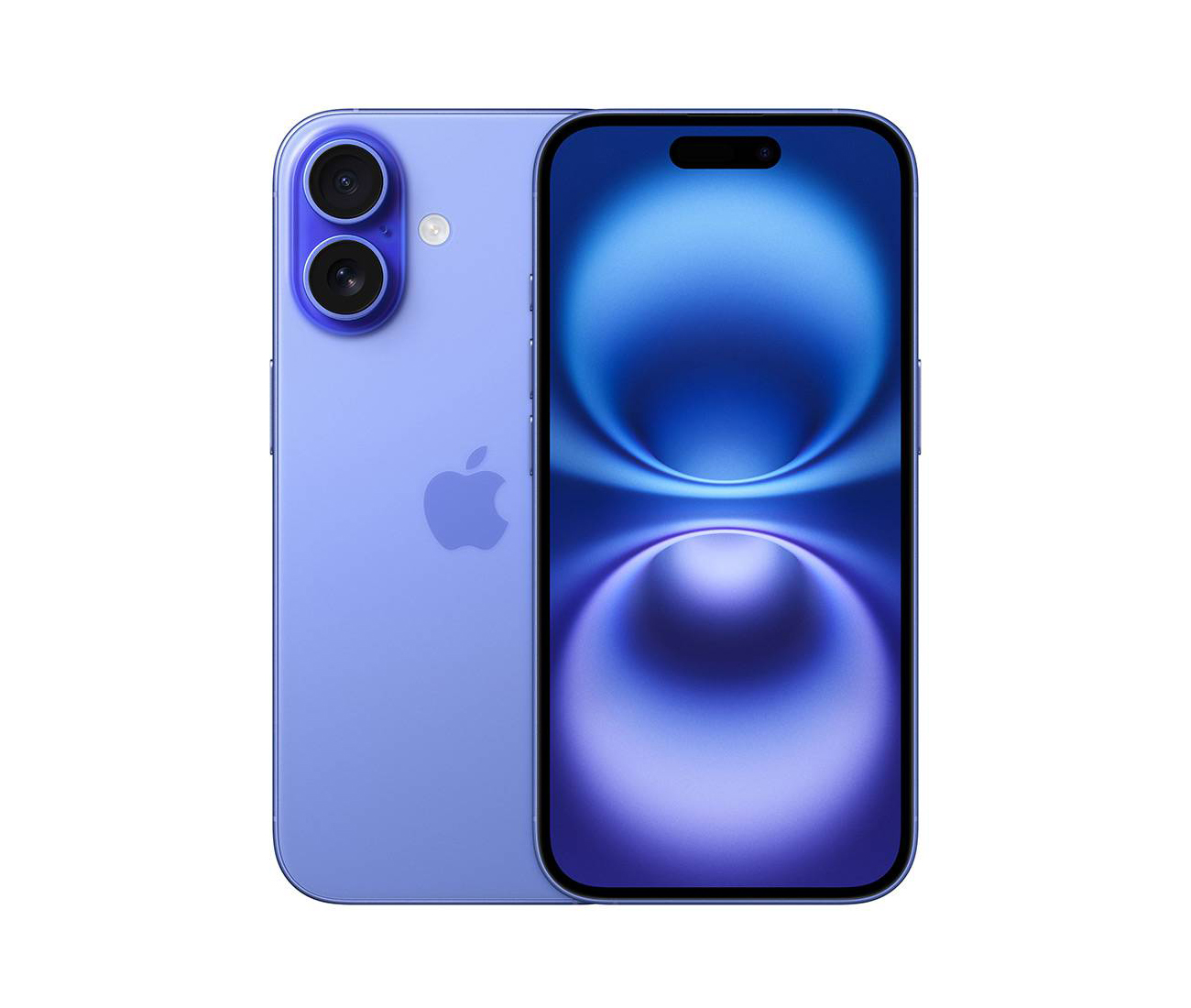 Smartphone Apple azul-lilás com duas câmaras e ecrã frontal com padrão azul