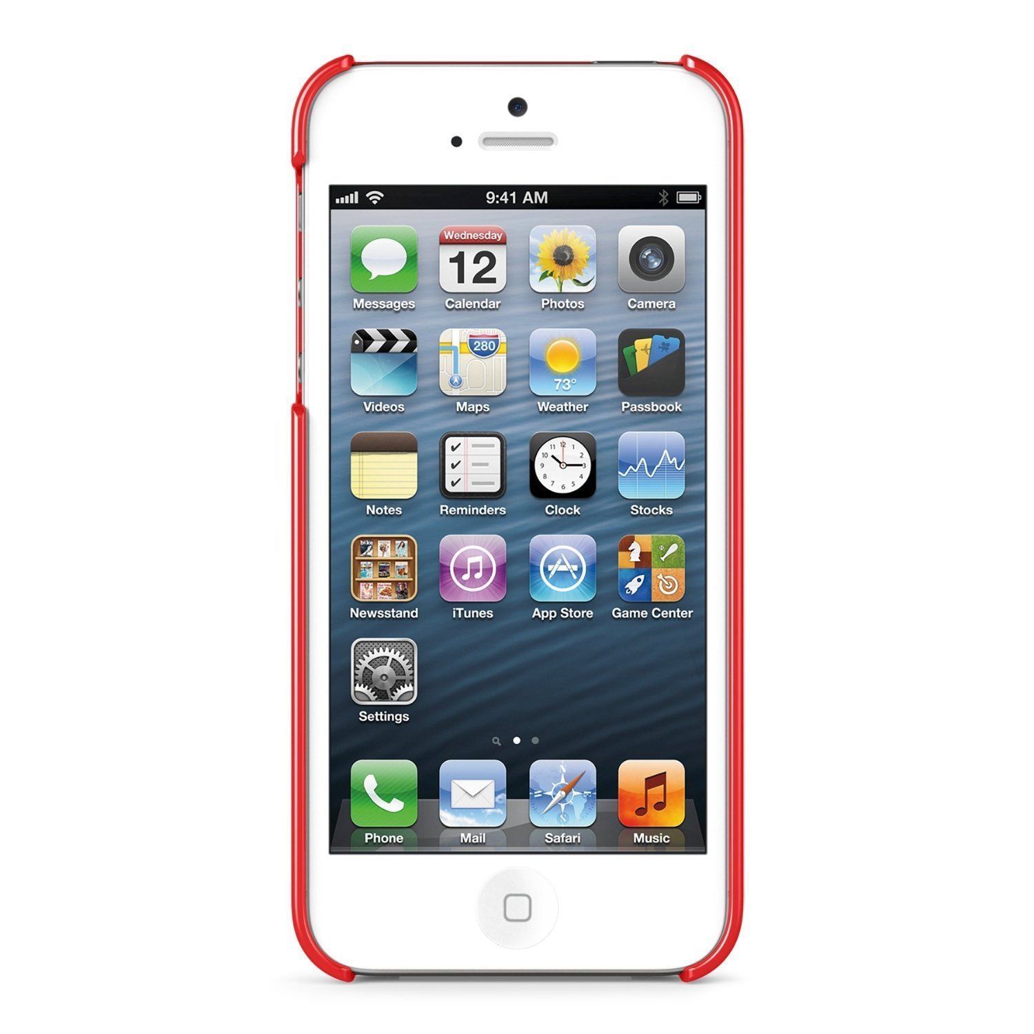iPhone 5/5S/5SE Capa Rígida Belkin Shield Pixel Smartphone branco com moldura vermelha e ecrã com ícones de aplicações diversas