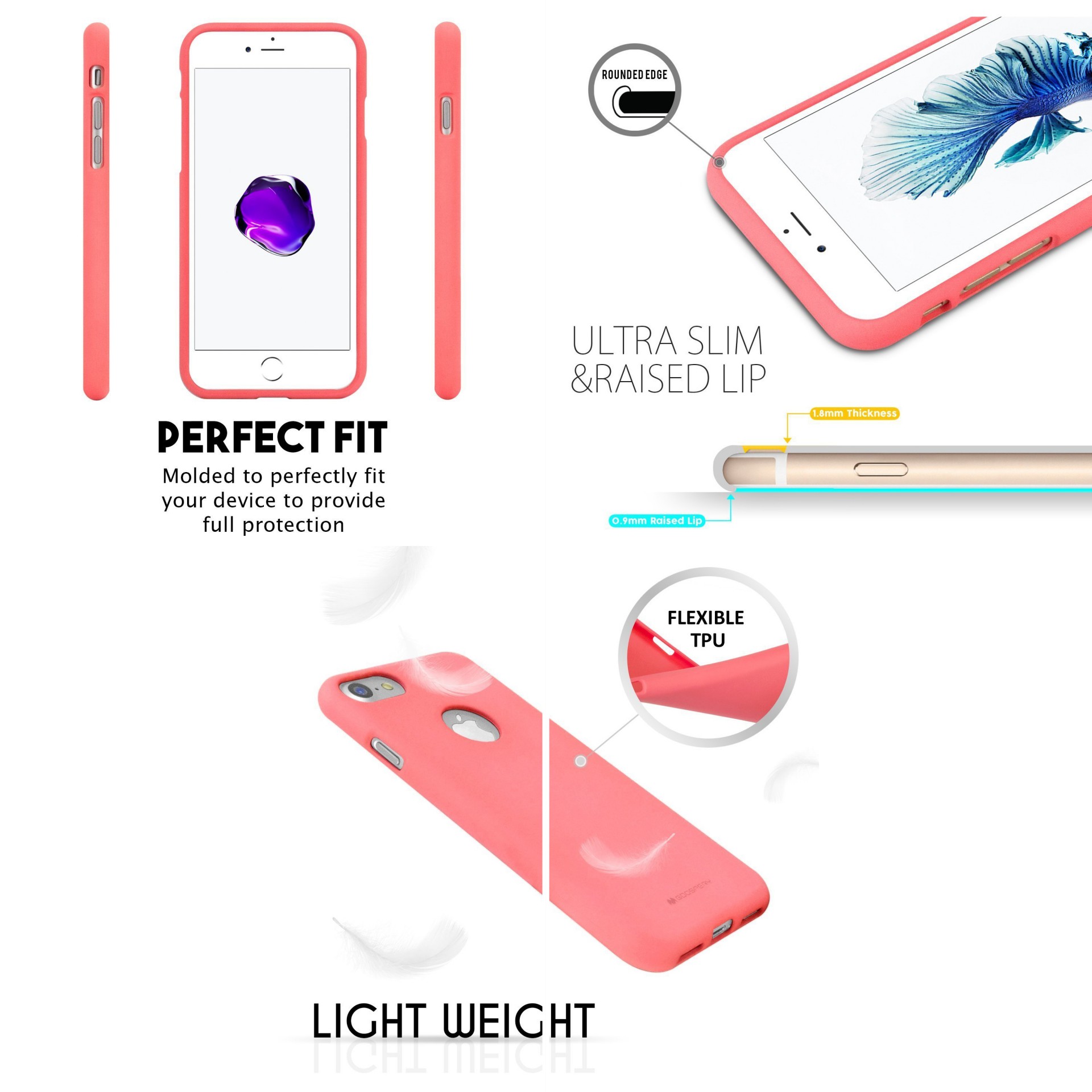 Capa Fina Silicone Soft Feeling Goospery para iPhone Capa cor-de-rosa para smartphone com design fino, flexível e leve, com texto descritivo em inglês