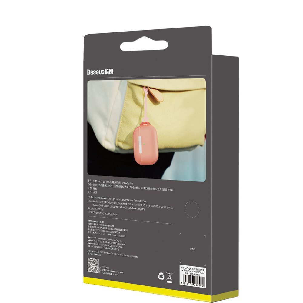 Capa Silicone Baseus Let''sGo Jelly Lanyard para AirPods Pro Embalagem cinzenta e amarela Baseus com acessório rosa pendurado em bolsa amarela