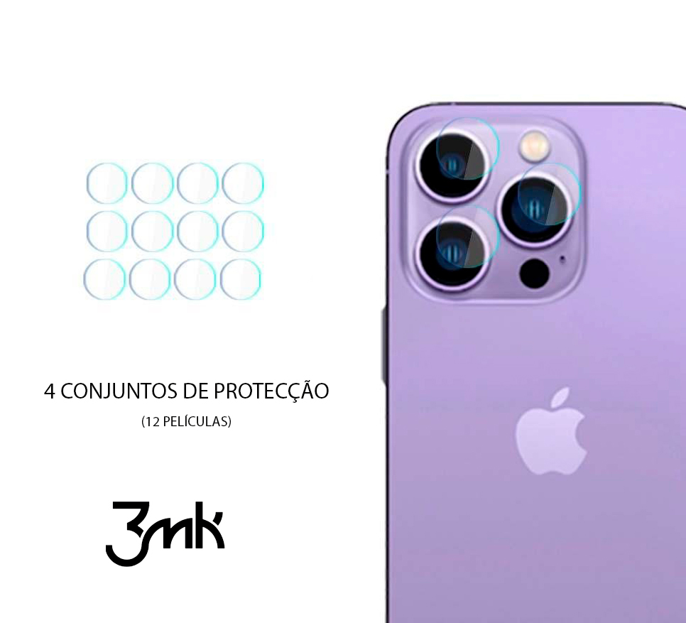 (Pack 4) Películas de Protecção de Câmara Traseira 3mk HybridGlass para iPhone 14 Pro/14 Pro Max Smartphone roxo com proteções transparentes para lentes de câmara e texto de proteção 3mk
