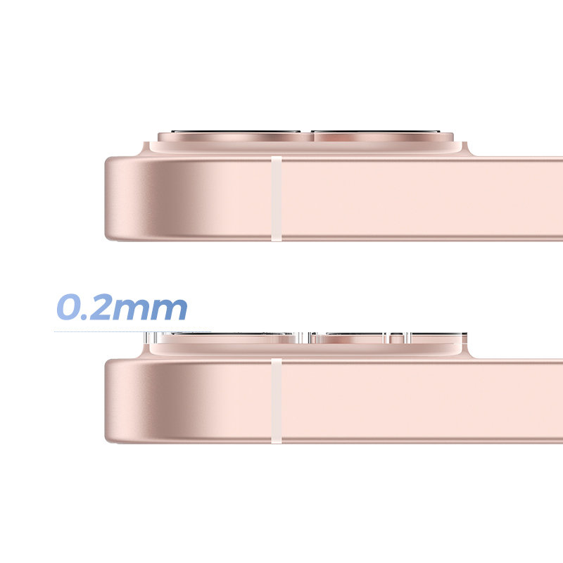 Película de Protecção de Câmara Traseira Joyroom Lens Protector para iPhone 13/13 mini Comparação lateral de dois telemóveis rosa dourado com diferença de 0.2mm na espessura das câmaras