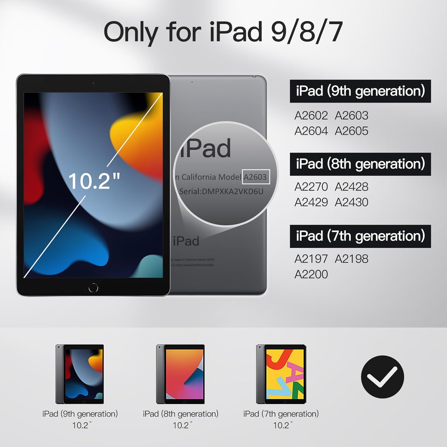 Capa Folio Jetech para iPad 10.2" - Preto Três iPads com ecrã de 10,2 polegadas para as gerações 7, 8 e 9 listado com números de modelo.