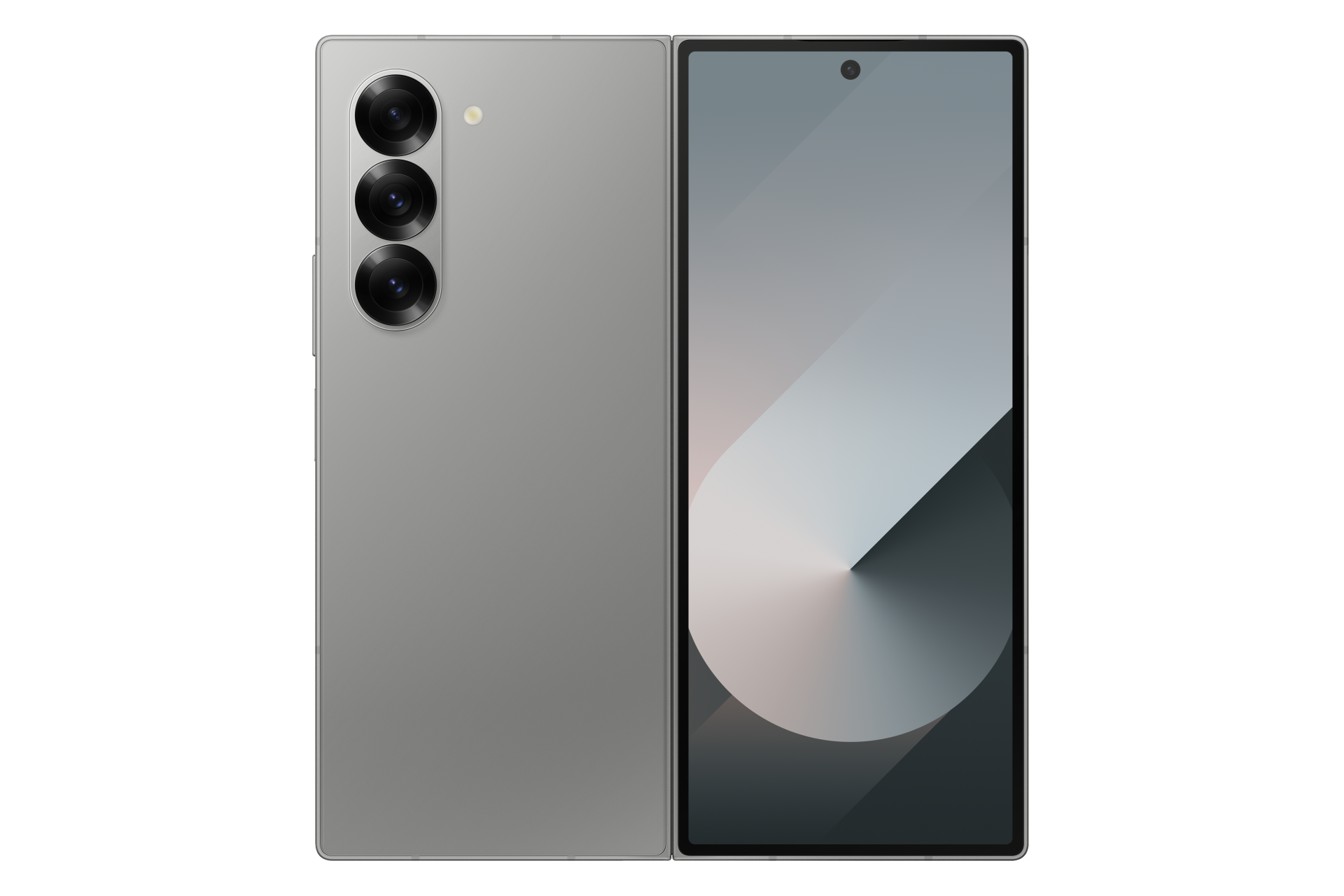 Samsung Galaxy Z Fold 6 12GB/256GB - Silver Shadow Smartphone prateado com ecrã frontal e três câmeras traseiras alinhadas