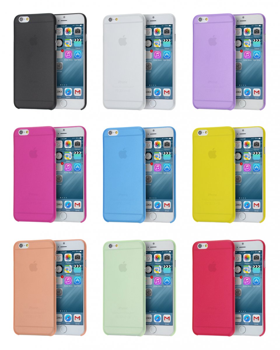 iPhone 6/6S Capa Super Slim (As mais finas do mundo) Nove capas de iPhone coloridas em fundo branco, cada capa mostra a traseira do telemóvel.