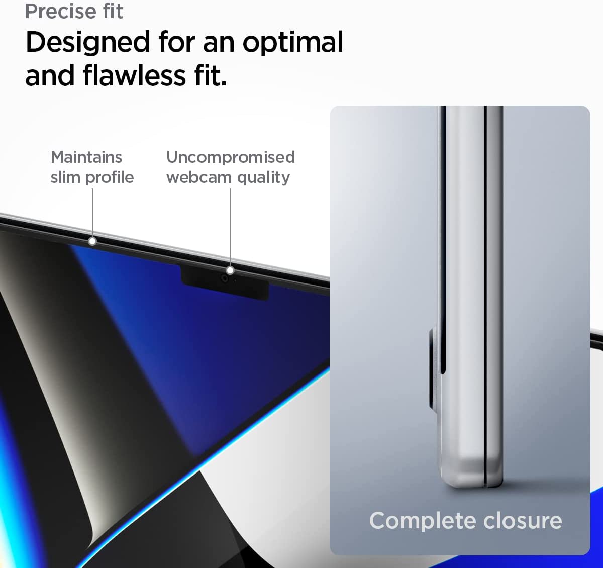 Película de Vidro Temperado Spigen Glass Full Coverage para MacBook Pro Dispositivo eletrônico prateado com ranhura e webcam integrada, texto em inglês descrevendo características de ajuste e qualidade