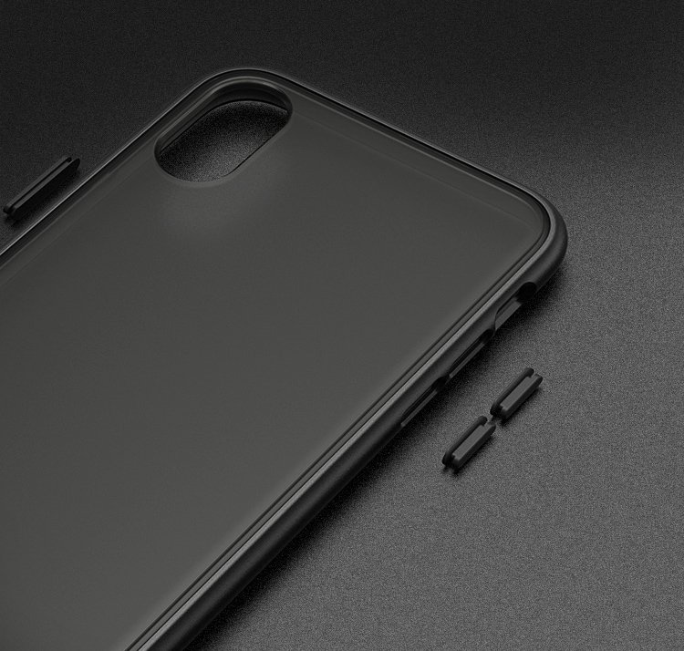 iPhone XR Capa Transparente Mate iPaky Cucorolis Capa preta fosca para telemóvel com botões laterais destacados sobre superfície escura