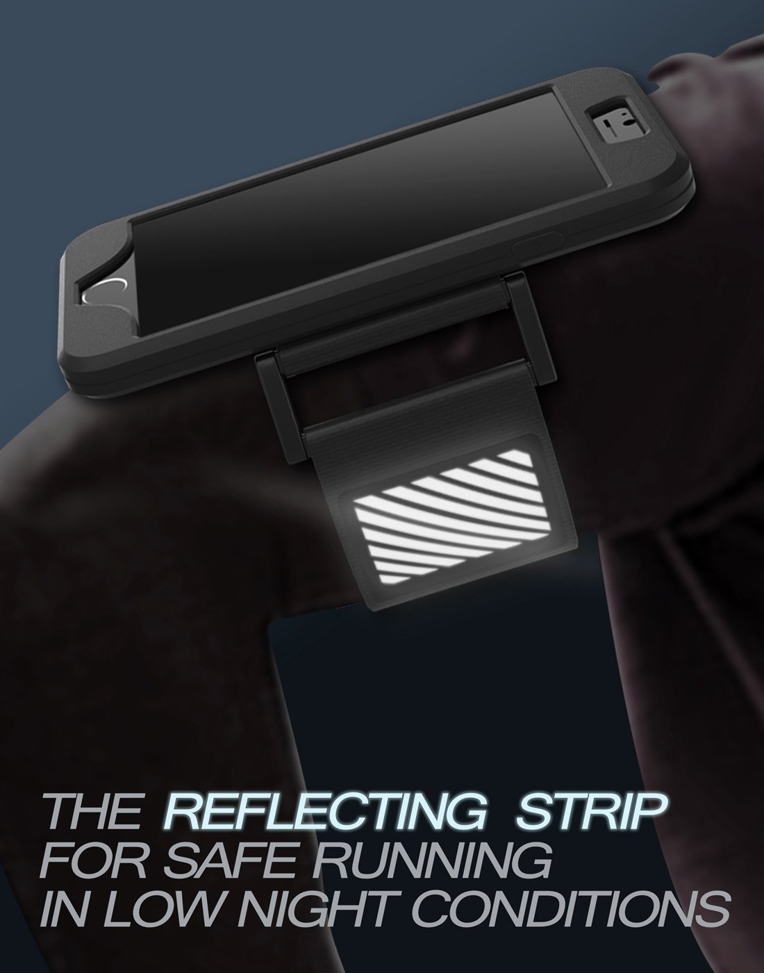 Armband / Bolsa Desportiva 2-em-1 Silicone Faixa refletora preta e branca presa a uma perna, com suporte para telemóvel, texto sobre corrida segura à noite