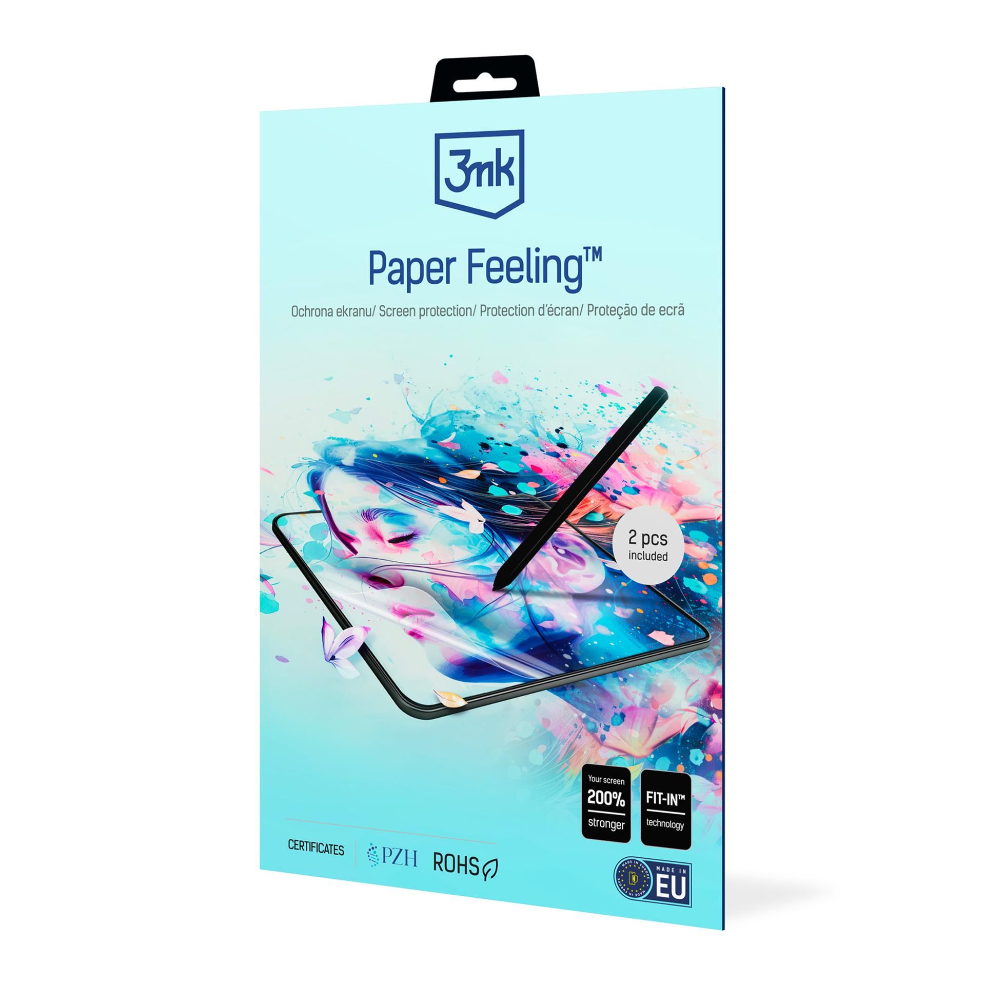 (Pack 2) Película de Protecção 3mk em Vidro Híbrido Paper Feeling™ para iPad Pro 12.9" Embalagem azul claro para película protetora de ecrã 3nk Paper Feeling com texto e imagem colorida de tablet e caneta