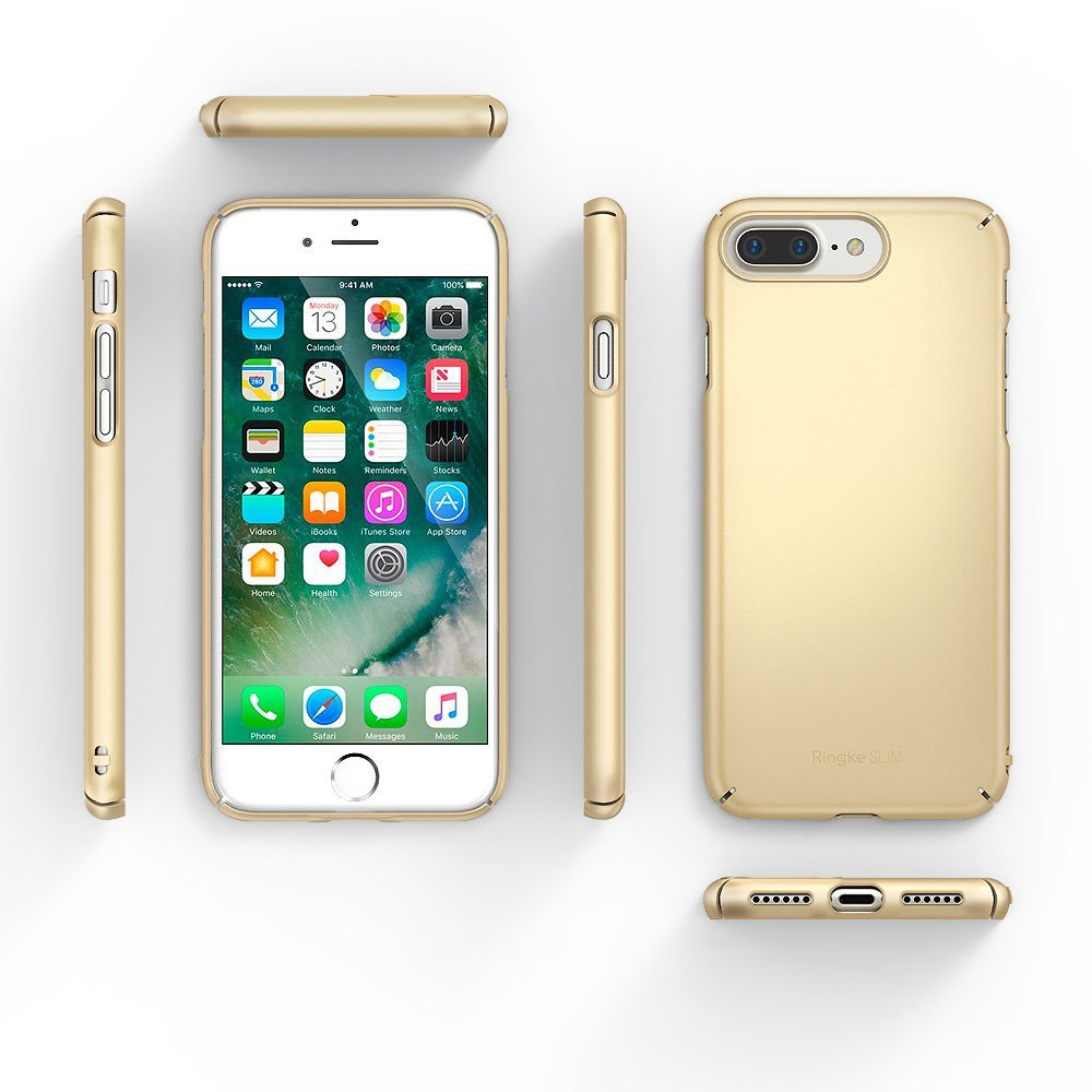 iPhone 7/8 Plus Capa Rígida Ultra-Fina Ringke Slim Smartphone dourado com capa protetora dourada visto de várias perspetivas