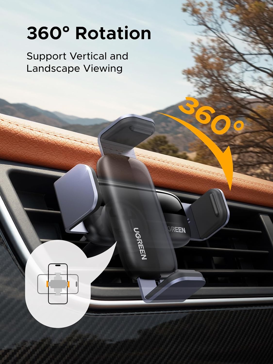 Suporte Ugreen Air Vent Mini 360º para automóvel Suporte para smartphone UGREEN fixado na grelha de ventilação do carro com rotação 360°.