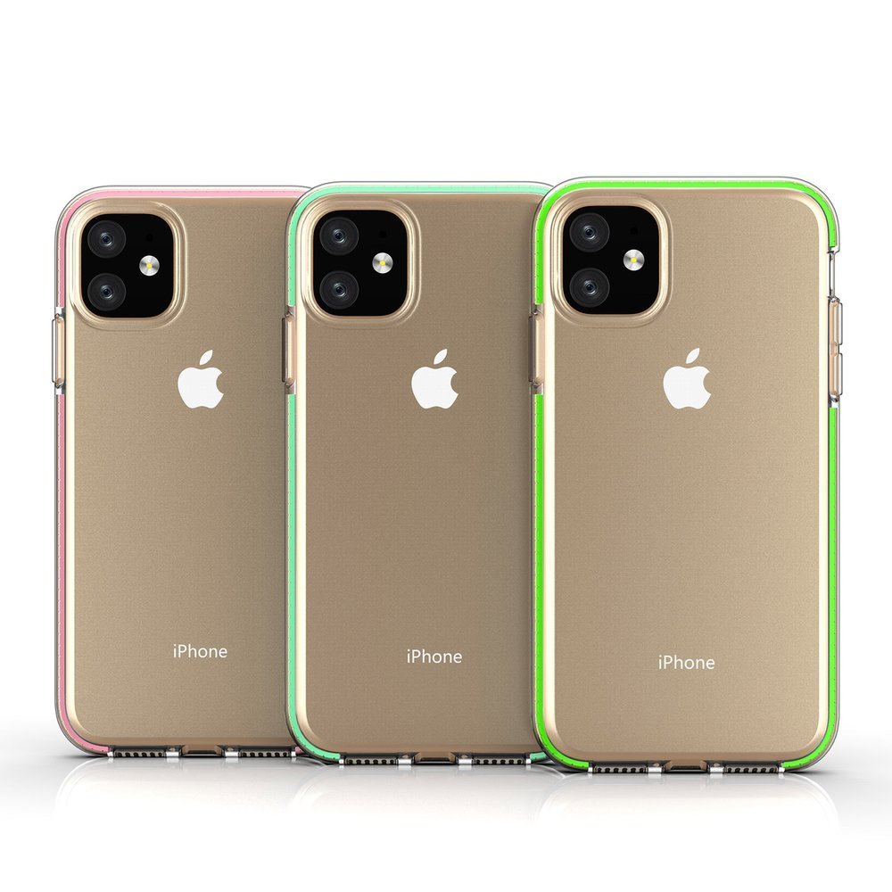 Capa Spring Fresh Silicone Híbrida para iPhone 11 Pro Três iPhones dourados com capas transparentes e bordas coloridas