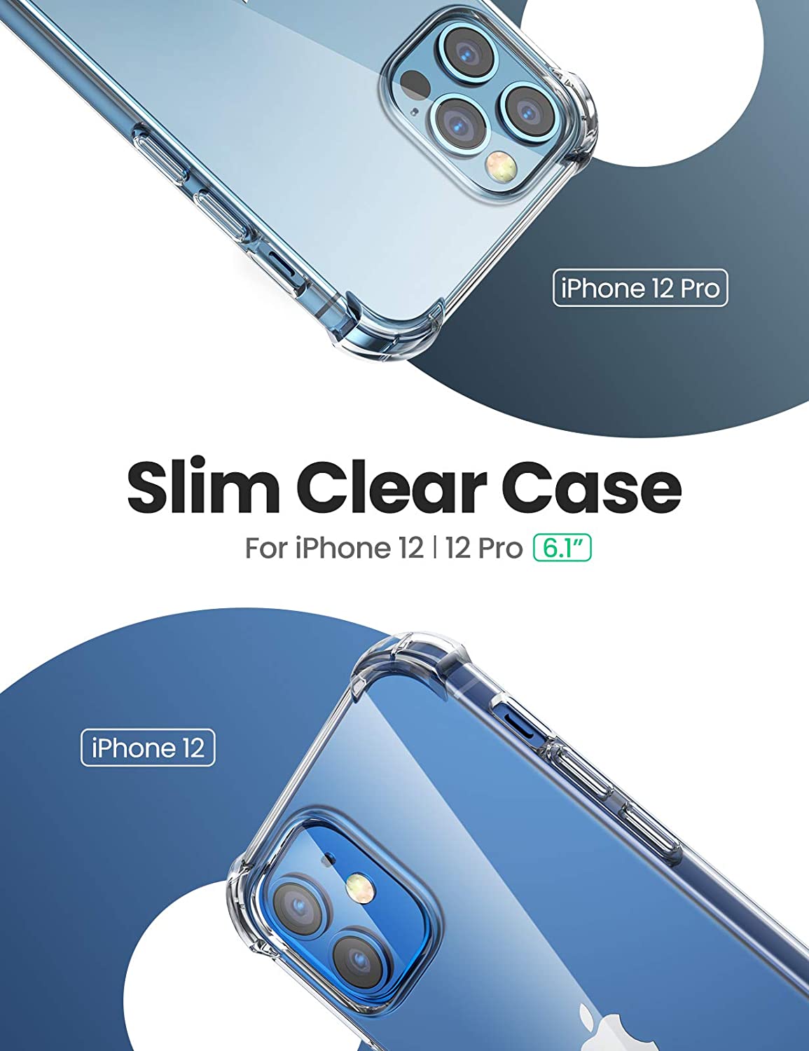 Capa Ugreen 100% Transparente Protective Silicone para iPhone 12 Pro Max Capas transparentes Slim Clear Case para iPhone 12 e 12 Pro em fundo branco e azul