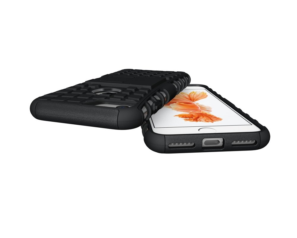 iPhone 7/8 Capa Híbrida Stand Anti-Shock Capa protetora preta para smartphone com textura antiderrapante e telemóvel com ecrã a mostrar imagem abstrata laranja